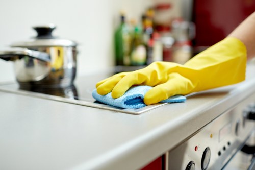 A cleaner maintaining upper-floor windows in Finchley